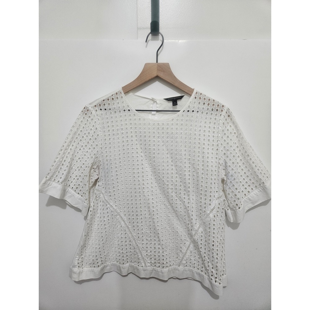 Banana Republic Women White Eyelet Lace Short Sleeve‎ Cotton Blouse Top Size M